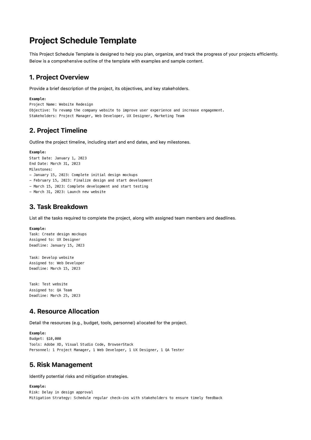 Project Schedule Template