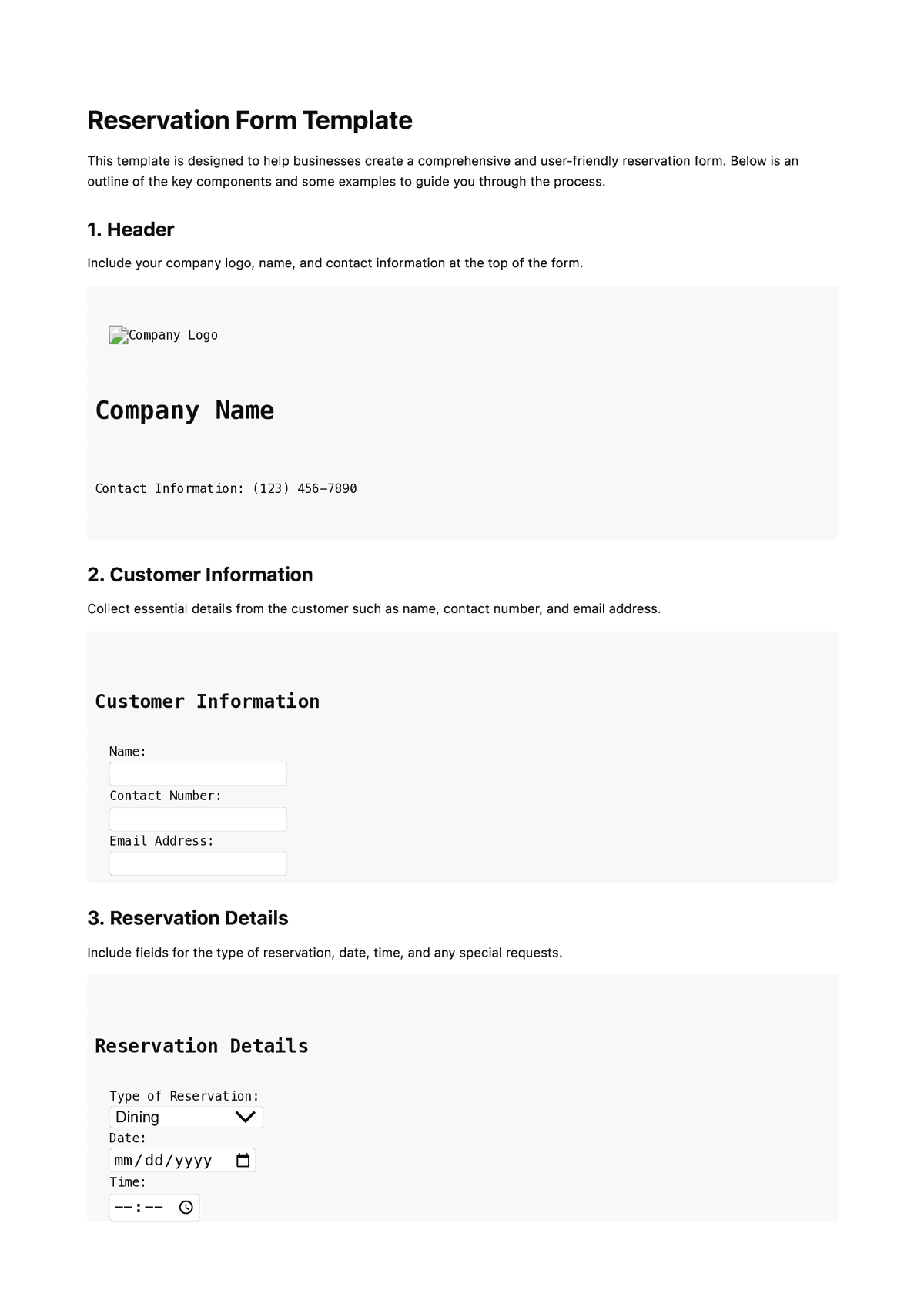 Reservation Form Template