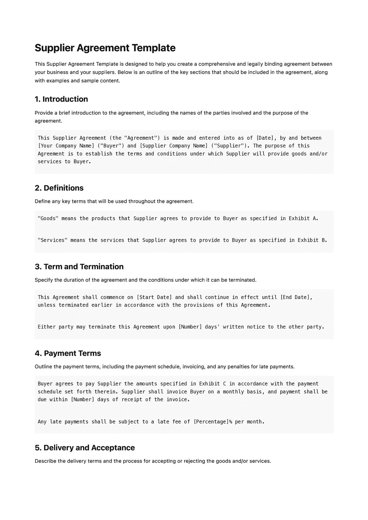 Supplier Agreement Template