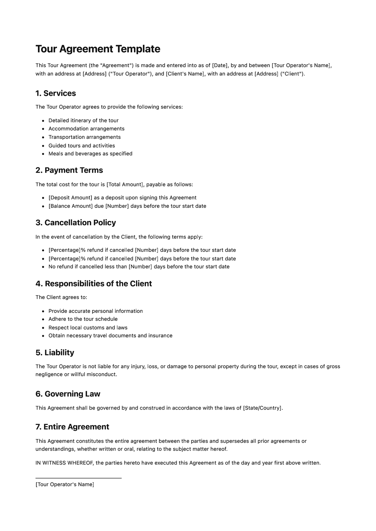 Tour Agreement Template