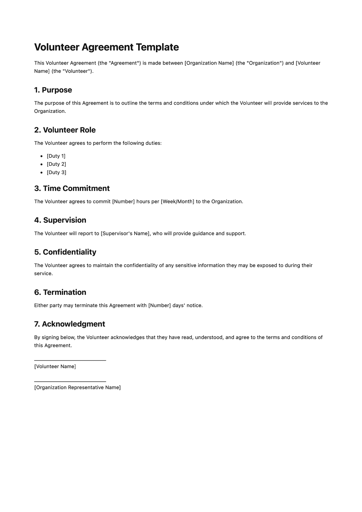 Volunteer Agreement Template